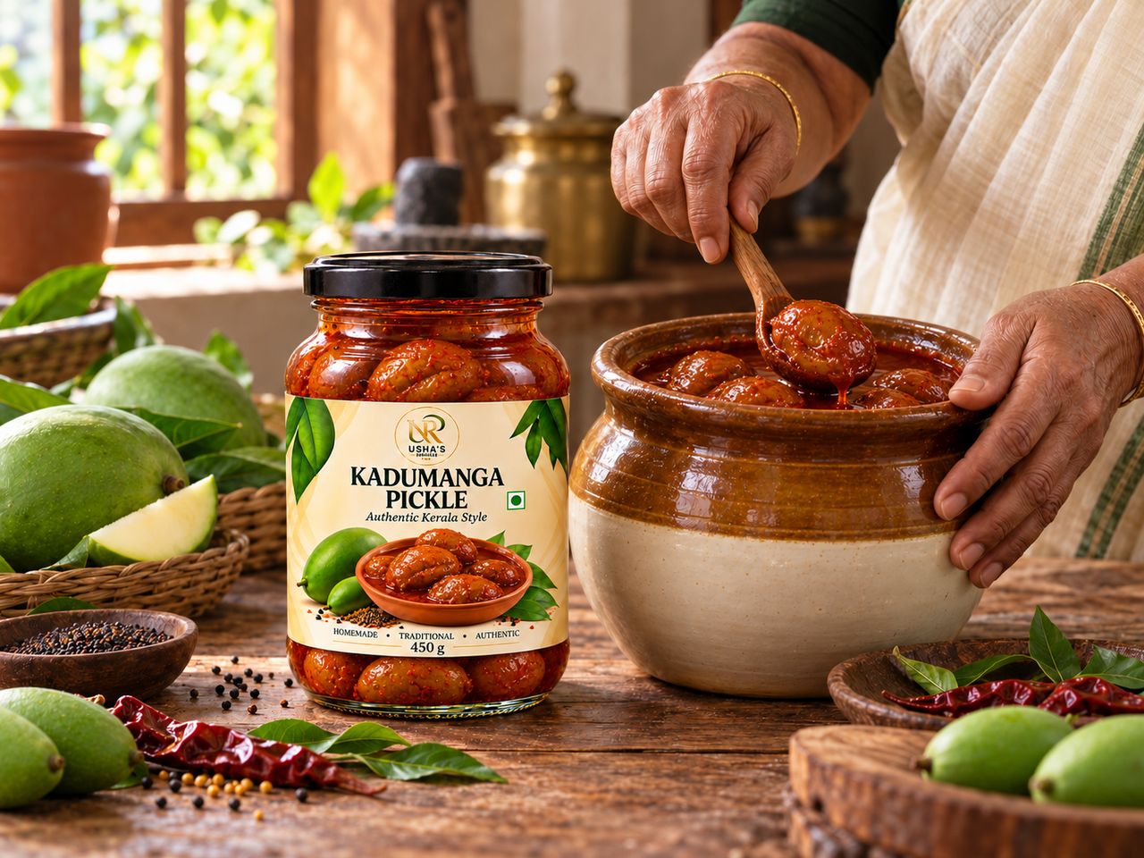 A jar of Kadumanga pickle beside a clay bharani, as a hand ladles tender mangoes in spiced oil from the pot
