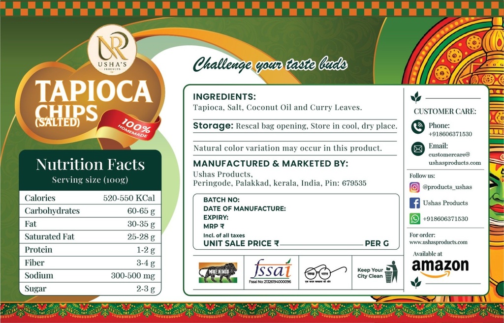 Tapioca Chips (Salted) pack label, back